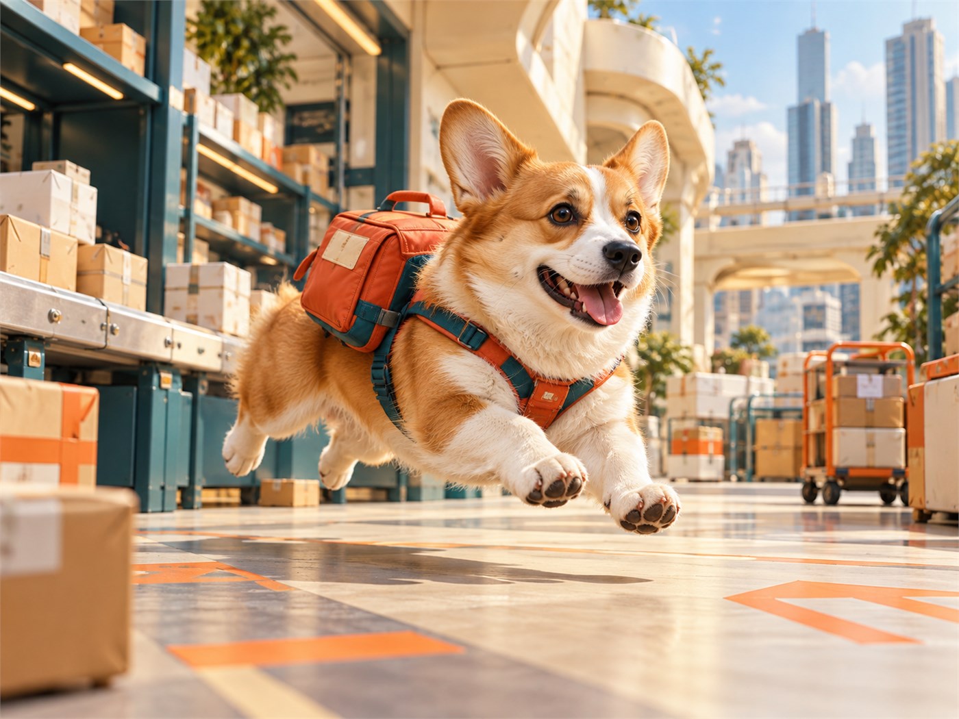 疾跑犬的出发时刻 佩戴橙色运动背包的小狗在城市工作站完整腾跃奔跑